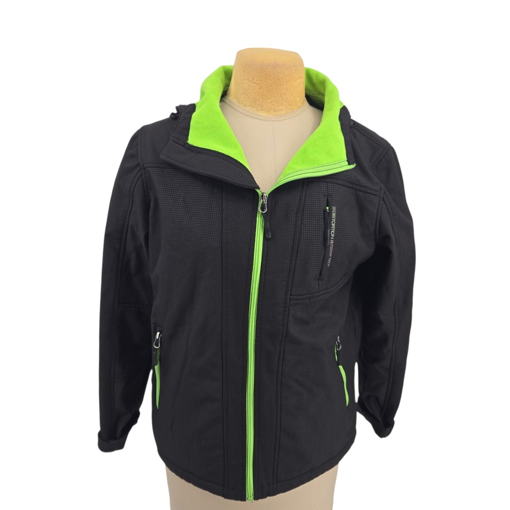 Distortion Outdoor Tech Jacket Mens Medium Black Green Softshell Hooded HU26145M